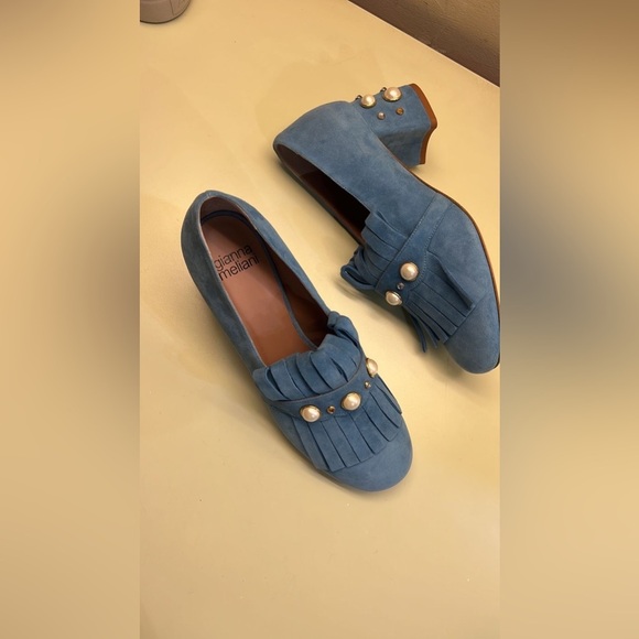 GIANNA MELANI MADE IN ITALY SUEDE LEATHER Dusty Blue Fringe shoes - Picture 1 of 11